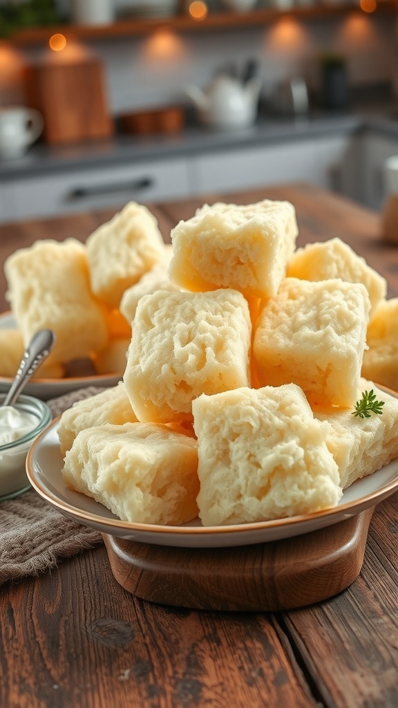 Fluffy cloud bread pieces on a plate with cream cheese and herbs on a wooden table.